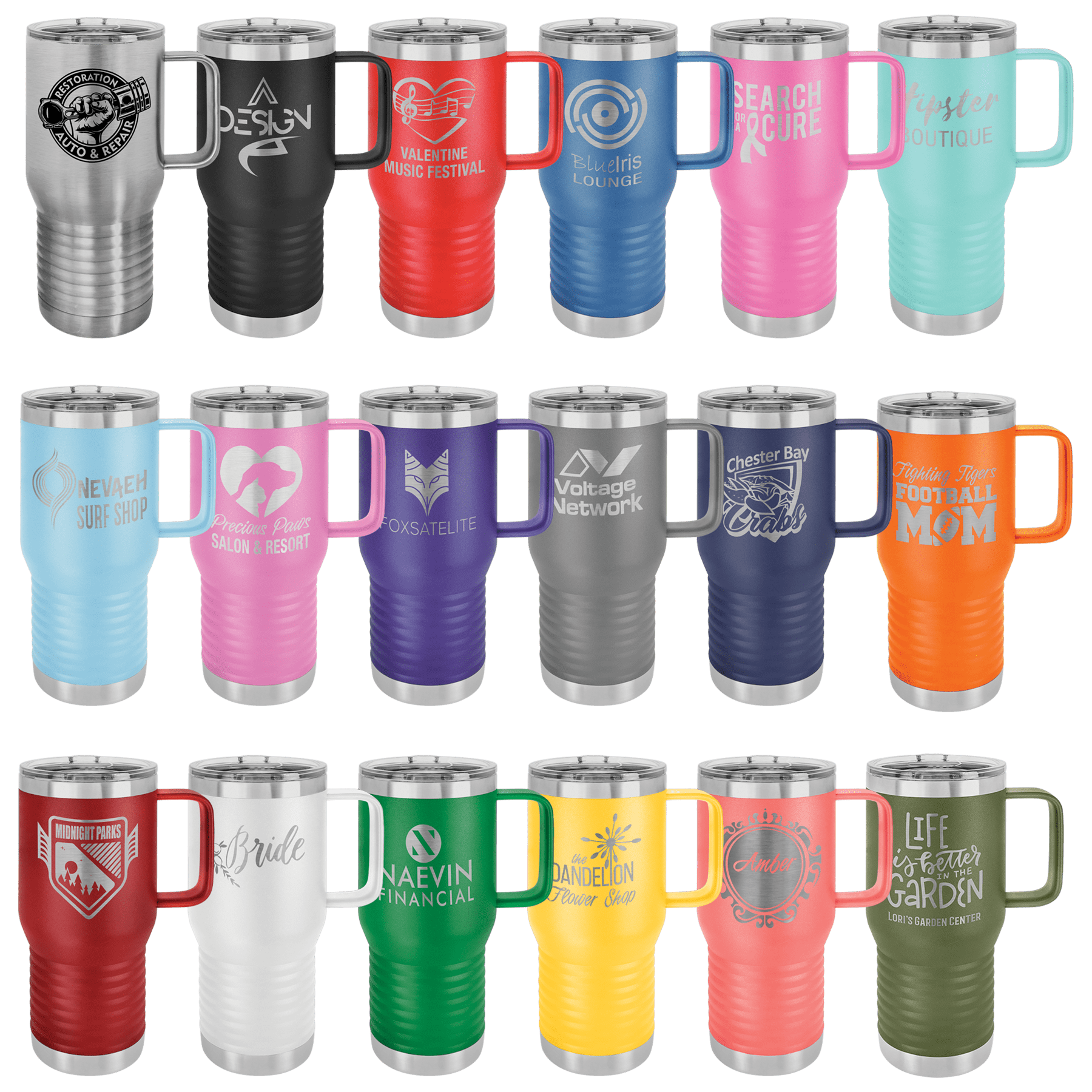 Assortment of custom 20oz travel mugs in various colors, each laser engraved with different logos and text. Personalized mugs with handle, ideal for businesses, events, or gifts.