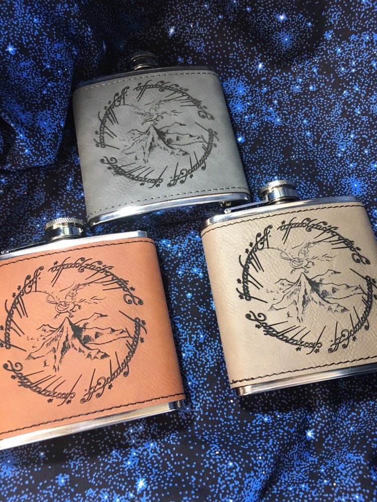 Lord of the Rings Engraved Flasks, Various Leather, Matte Black